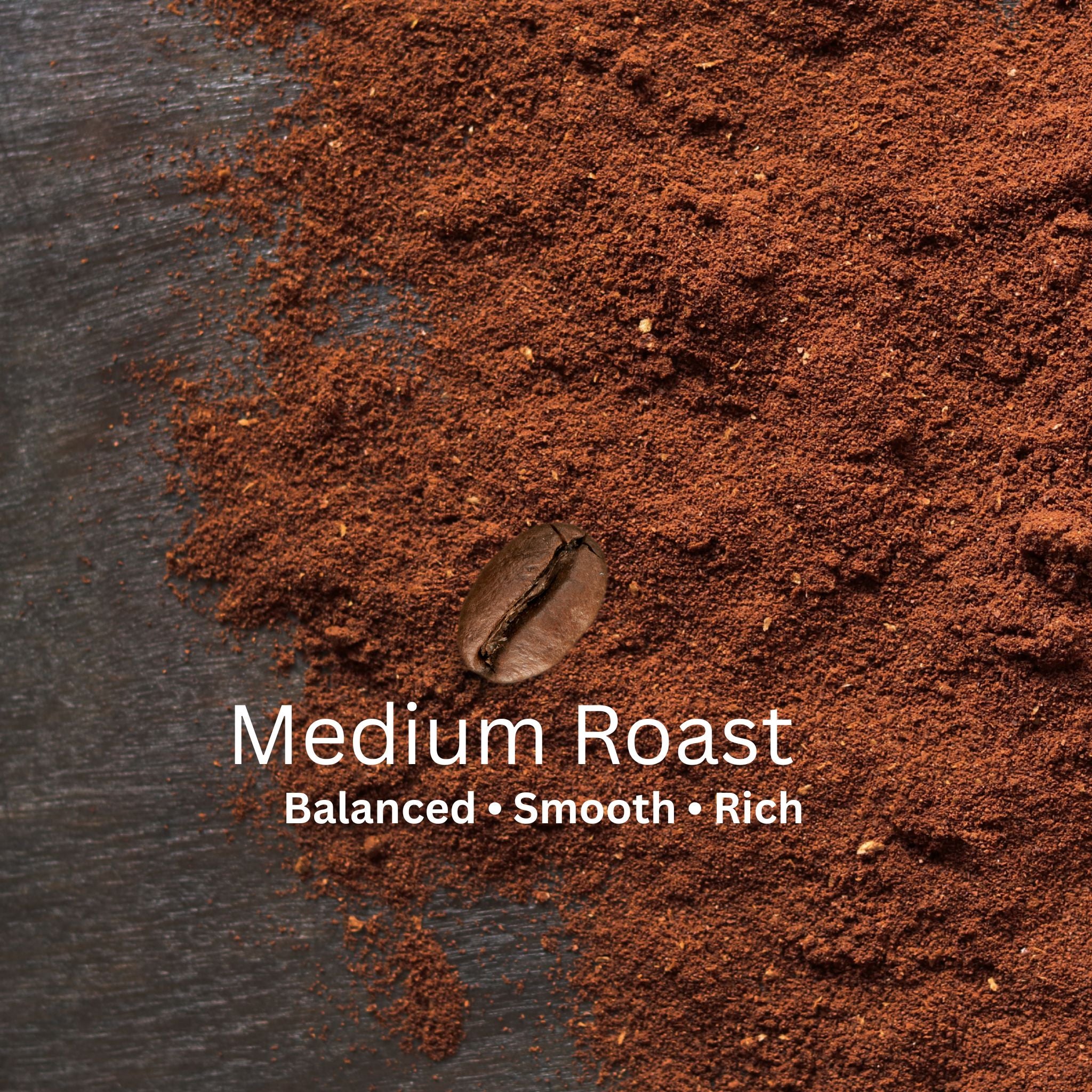 Coffee grounds with a coffee bean and text describing medium roast on a dark surface