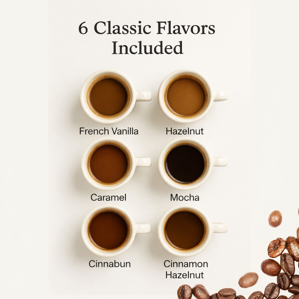 Six small cups of coffee with different flavors and roasted coffee beans on a white background.
