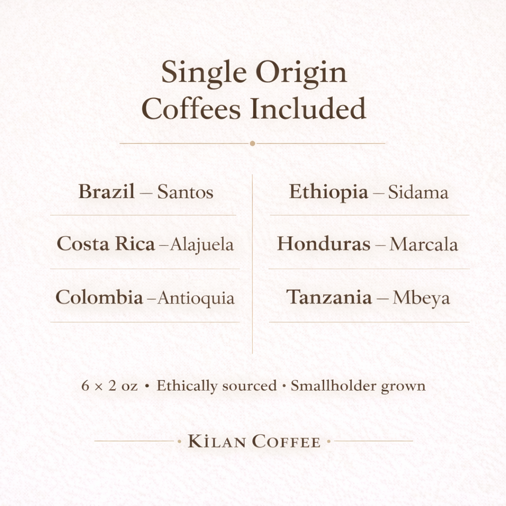 List of single origin coffees included with Kilan Coffee branding on a white background.
