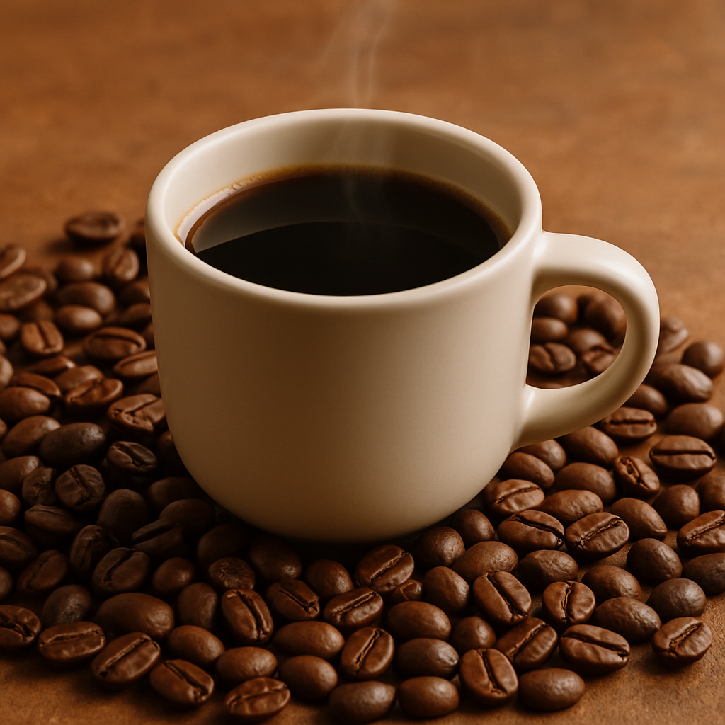White mug of steaming coffee surrounded by roasted coffee beans on a brown background
