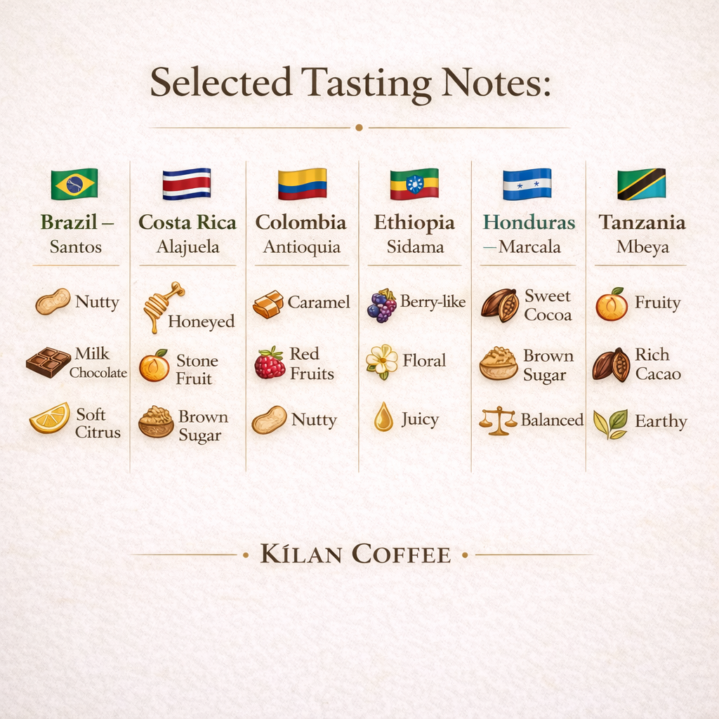Kálan Coffee tasting notes chart with flags and flavor descriptors on a white background