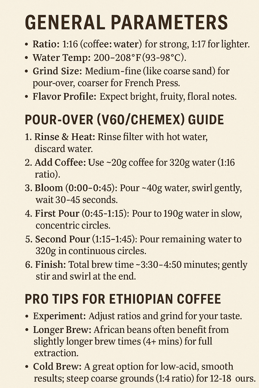 Pour-over coffee brewing guide with text on a beige background