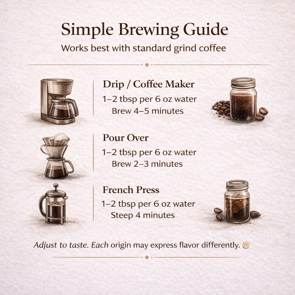 Brewing guide for coffee with illustrations of different brewing methods on a textured background.