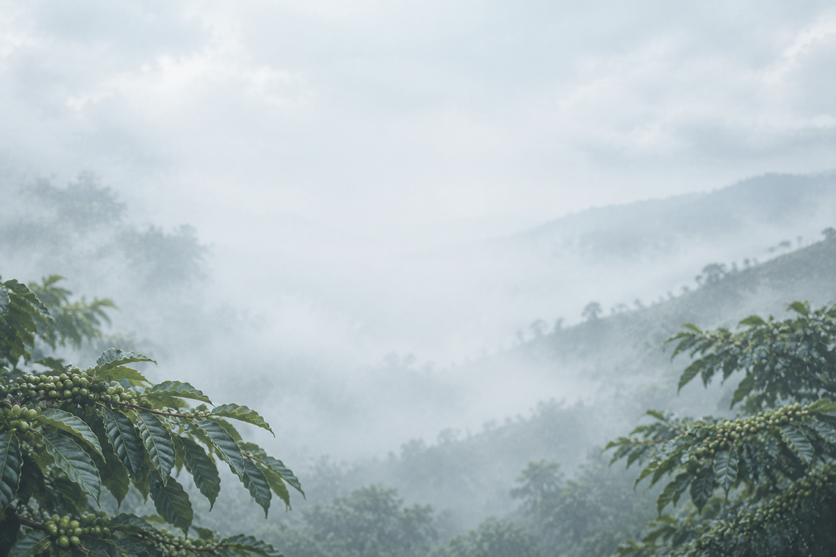 Misty coffee-plant background for Kilan’s roast quiz