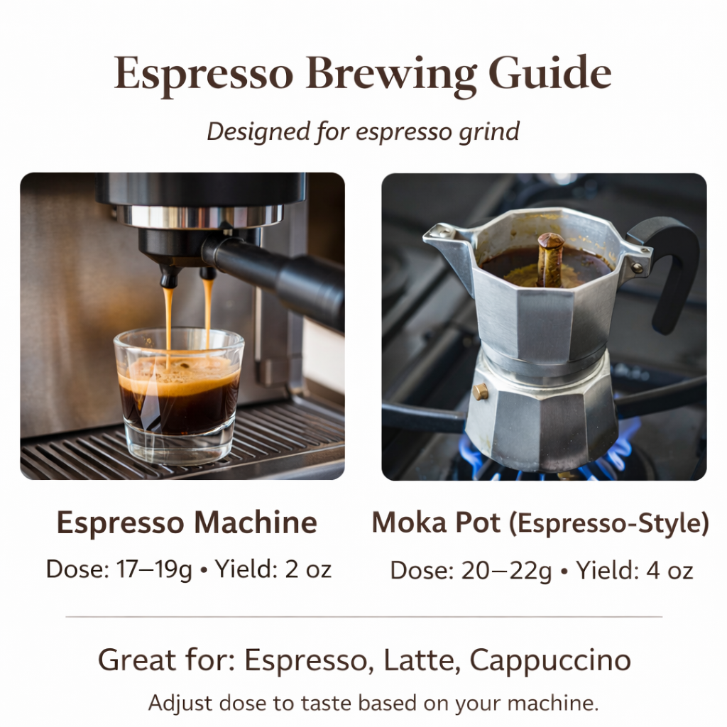 Espresso brewing guide with images of an espresso machine and Moka pot, text on dosages and uses.