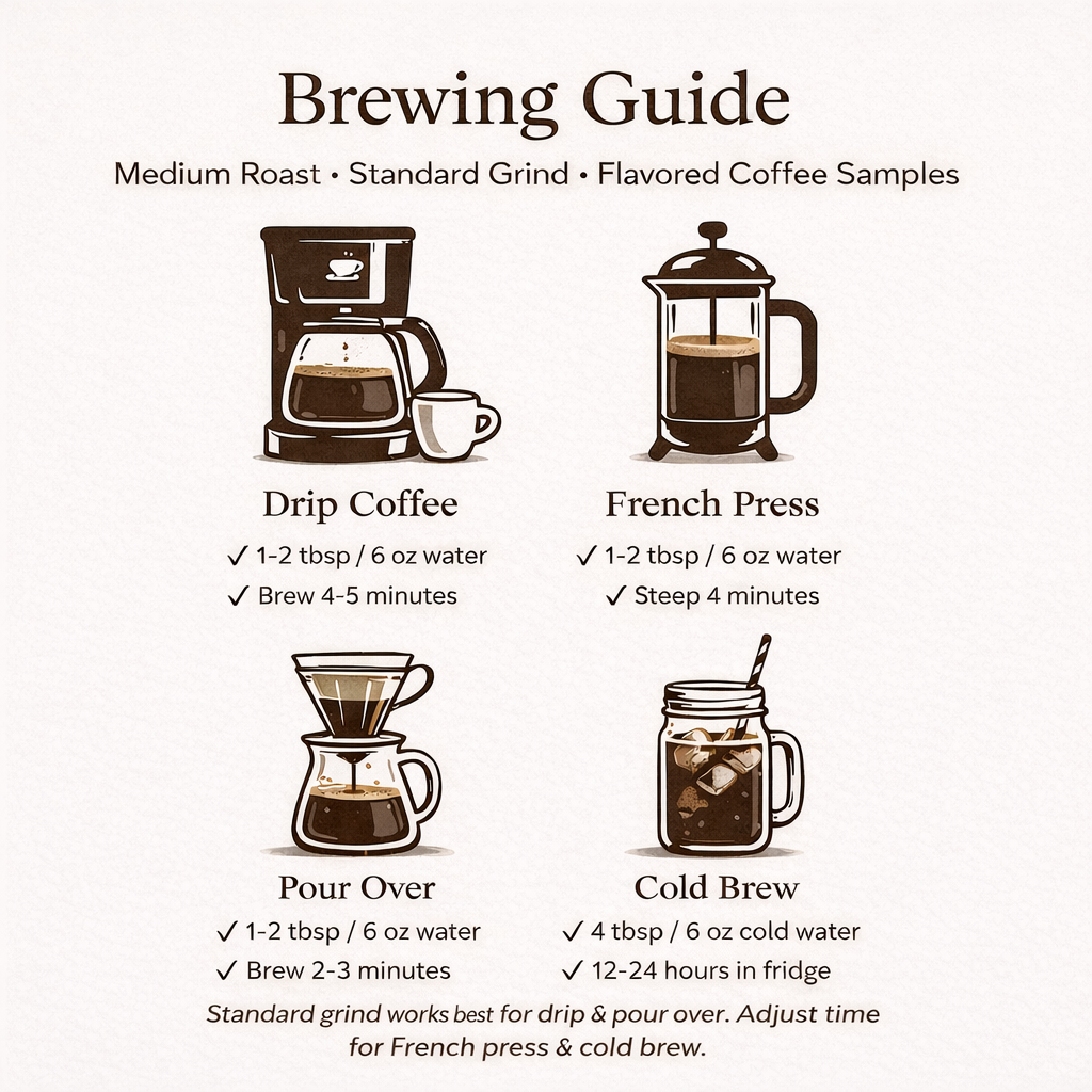 Brewing guide for different coffee preparation methods with illustrations and text.