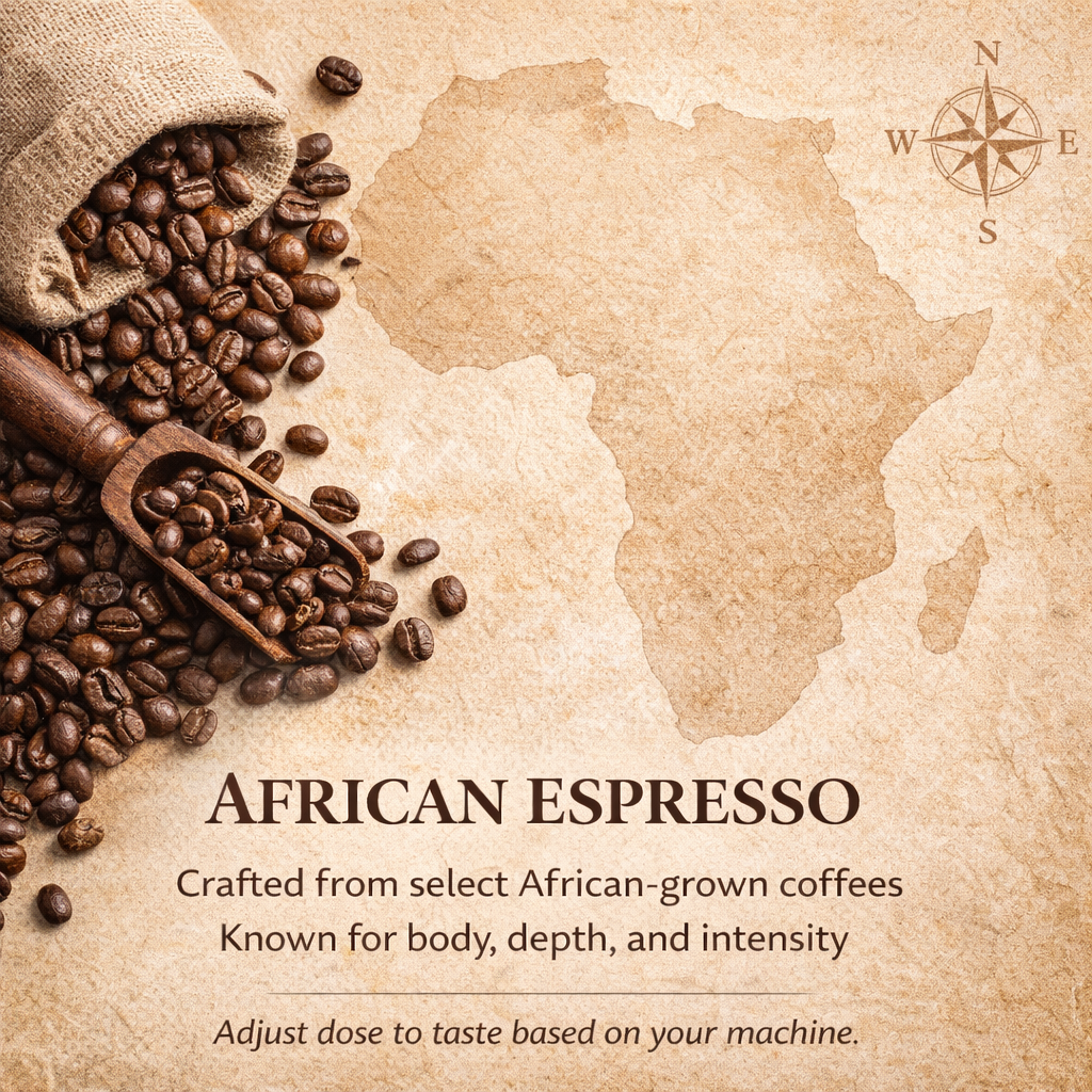 African Espresso advertisement with coffee beans and a map of Africa on a vintage-style background.