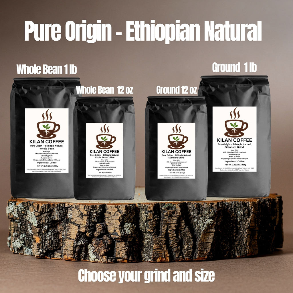 Kilan Coffee bags displayed on a wooden block with text indicating different coffee types and sizes.