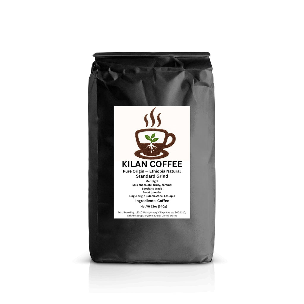 Kilan Coffee bag with a label on a white background